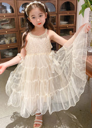 Handmade Apricot Sequins Tulle Patchwork Girls Dress Sleeveless