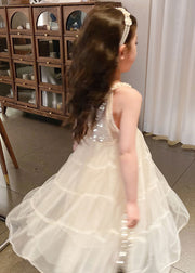 Handmade Apricot Sequins Tulle Patchwork Girls Dress Sleeveless