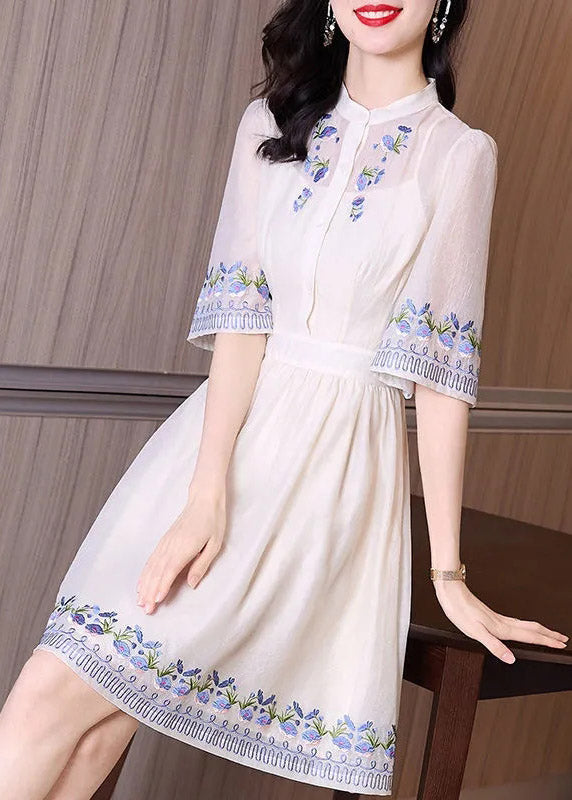 Handmade Apricot Stand Collar Embroideried Floral Slim Mid Dress Short Sleeve