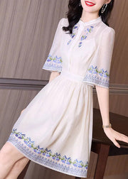 Handmade Apricot Stand Collar Embroideried Floral Slim Mid Dress Short Sleeve