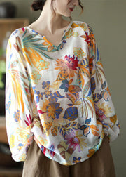 Handmade orange  V Neck Casual Floral Fall Blouse Long sleeve