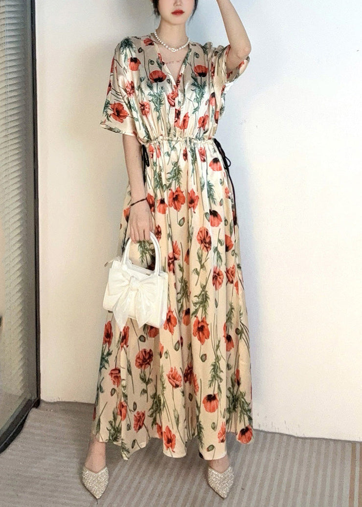 Handmade Apricot V Neck Print Cinched Holiday Long Dress Summer