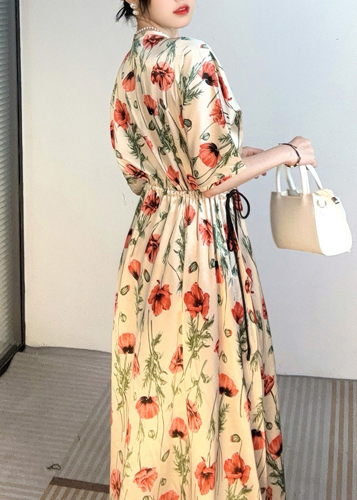 Handmade Apricot V Neck Print Cinched Holiday Long Dress Summer