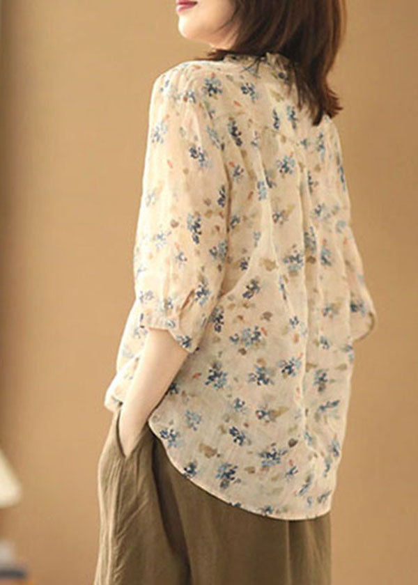 Handmade Apricot Wrinkled Ruffled Print Linen Shirt Tops Half Sleeve