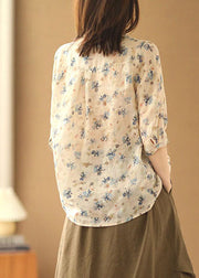 Handmade Apricot Wrinkled Ruffled Print Linen Shirt Tops Half Sleeve