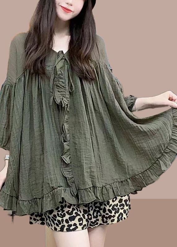 Handmade Army Green Oversized Patchwork Ruffled Linen Shirt Top Spring