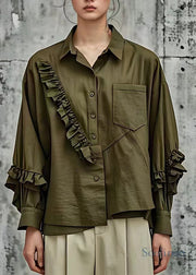 Handmade Army Green Peter Pan Collar Pockets Shirt Fall