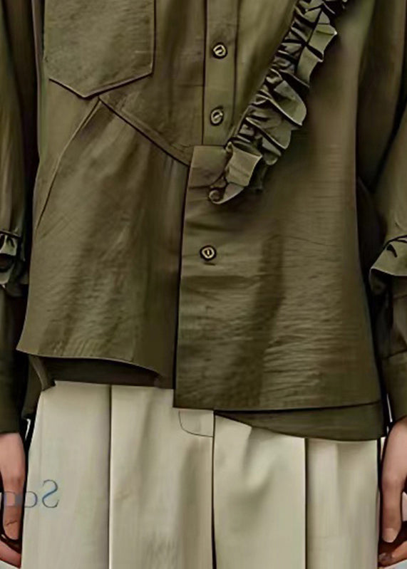 Handmade Army Green Peter Pan Collar Pockets Shirt Fall