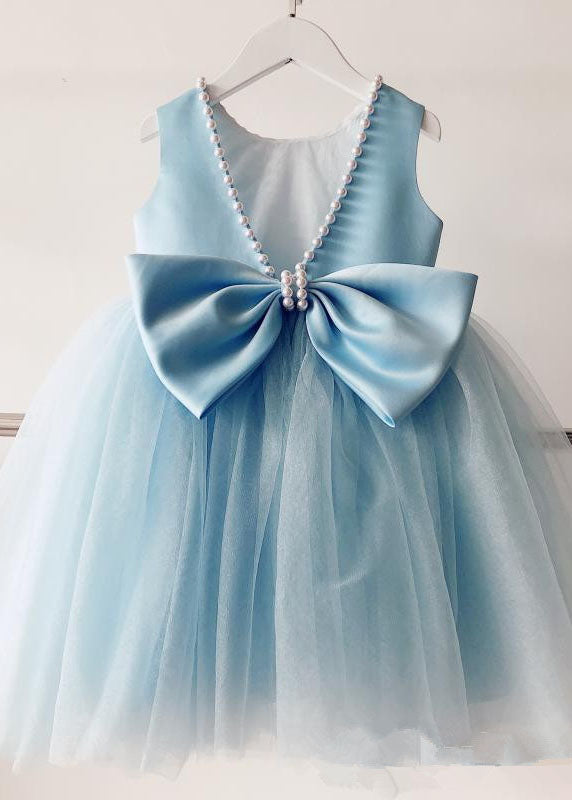 Handmade Baby Blue Nail Bead Backless Tulle Girls Long Dress Sleeveless