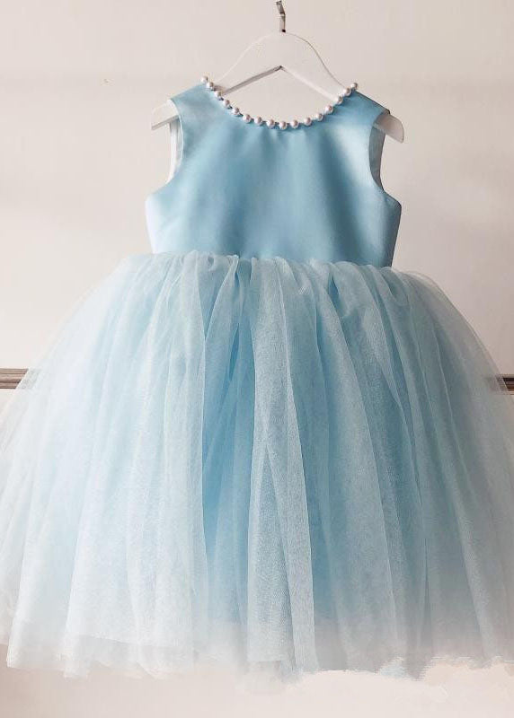 Handmade Baby Blue Nail Bead Backless Tulle Girls Long Dress Sleeveless