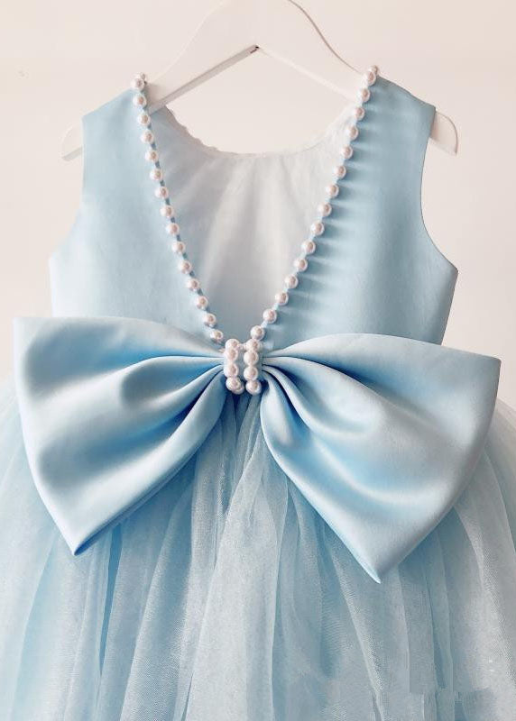 Handmade Baby Blue Nail Bead Backless Tulle Girls Long Dress Sleeveless