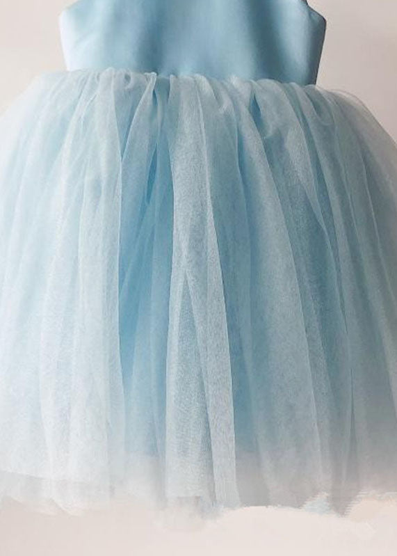 Handmade Baby Blue Nail Bead Backless Tulle Girls Long Dress Sleeveless