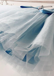 Handmade Baby Blue Nail Bead Backless Tulle Girls Long Dress Sleeveless