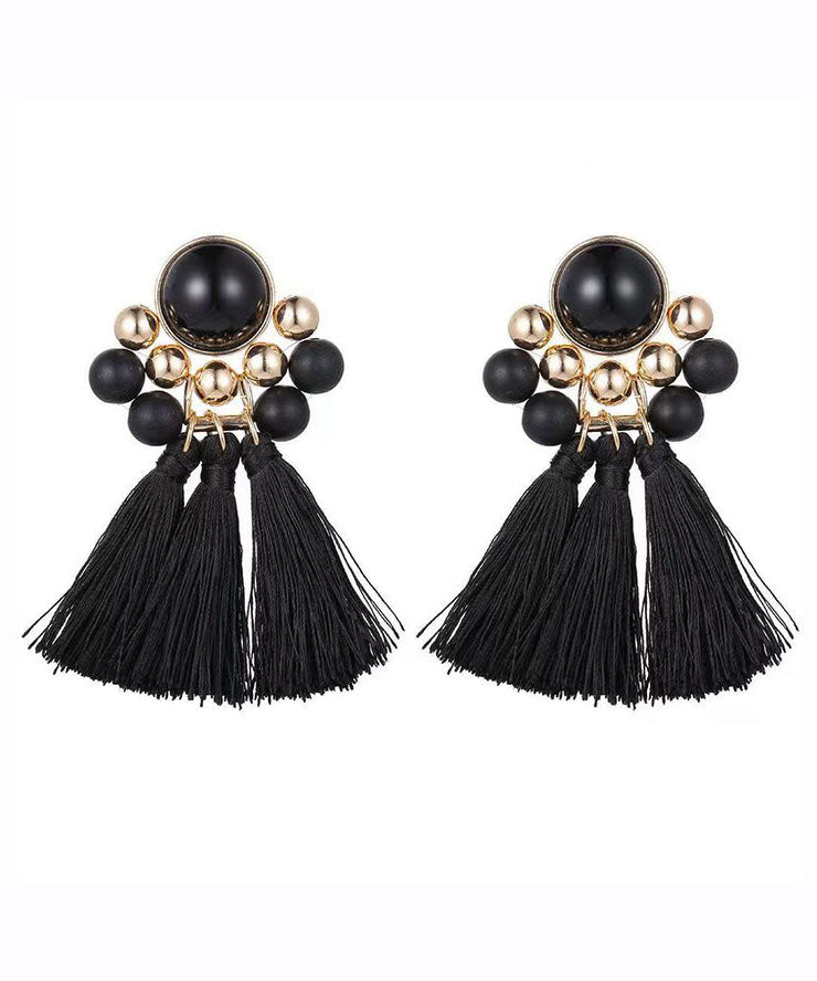 Handmade Beige Alloy Plastics Cotton Thread Tassel Drop Earrings