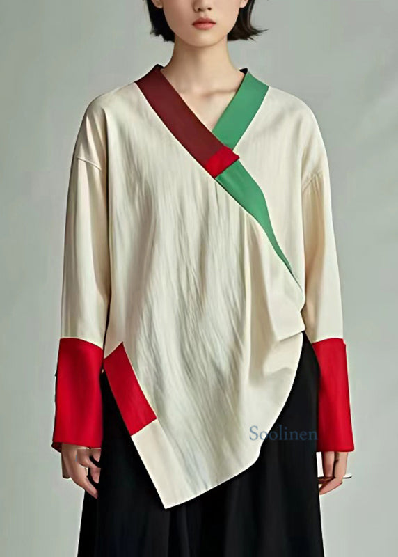 Handmade Beige Asymmetrical Patchwork Top Fall