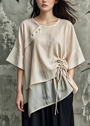 Handmade Beige Asymmetrical Tie Waist T Shirt Short Sleeve