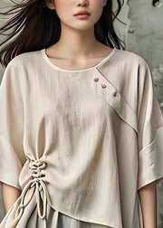 Handmade Beige Asymmetrical Tie Waist T Shirt Short Sleeve