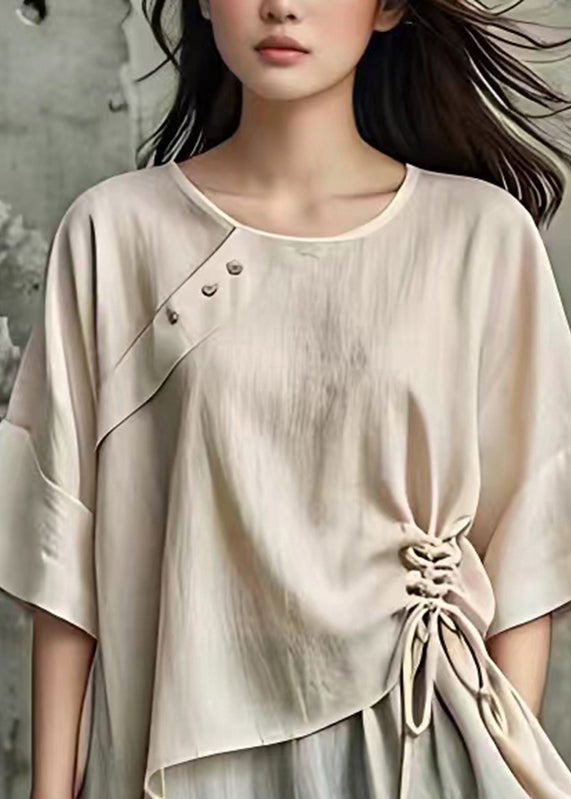 Handmade Beige Asymmetrical Tie Waist T Shirt Short Sleeve