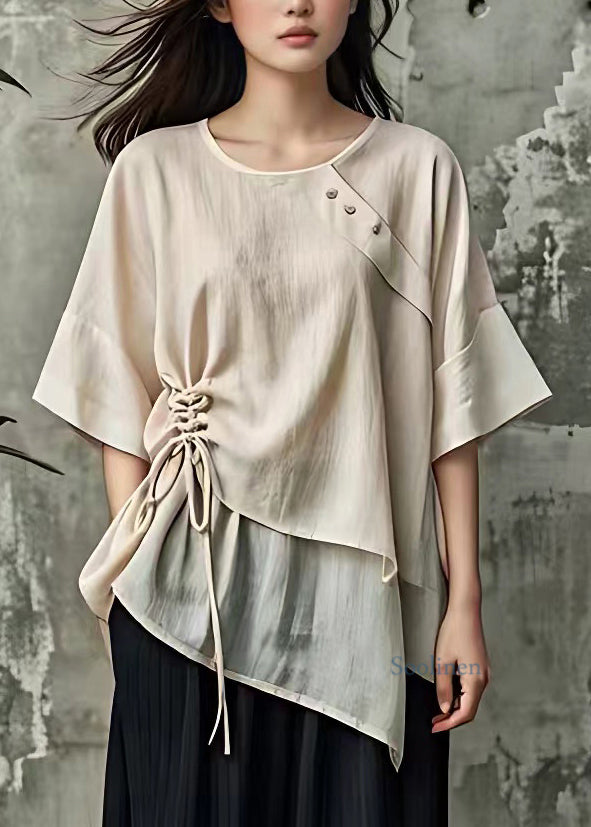 Handmade Beige Asymmetrical Tie Waist T Shirt Short Sleeve