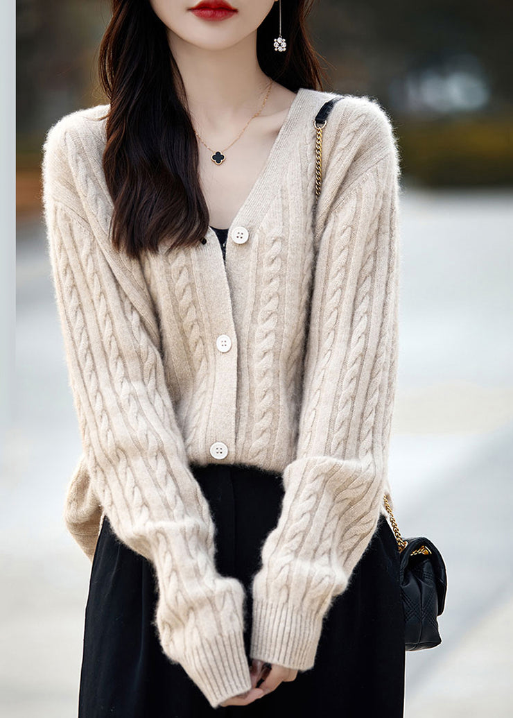 Handmade Beige Button Cable Wool Knit Saweaters Long Sleeve