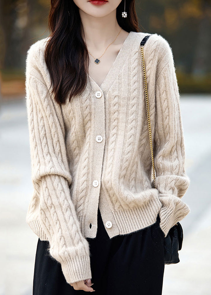 Handmade Beige Button Cable Wool Knit Saweaters Long Sleeve