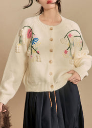 Handmade Beige Embroidered Button Knit Cardigans Winter