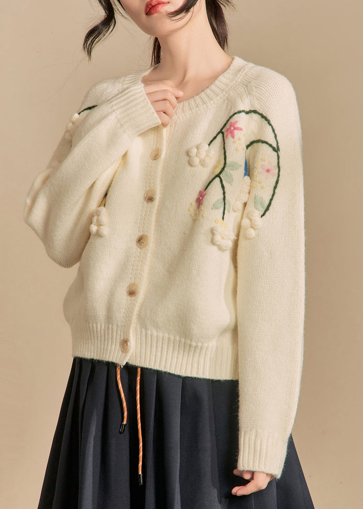 Handmade Beige Embroidered Button Knit Cardigans Winter