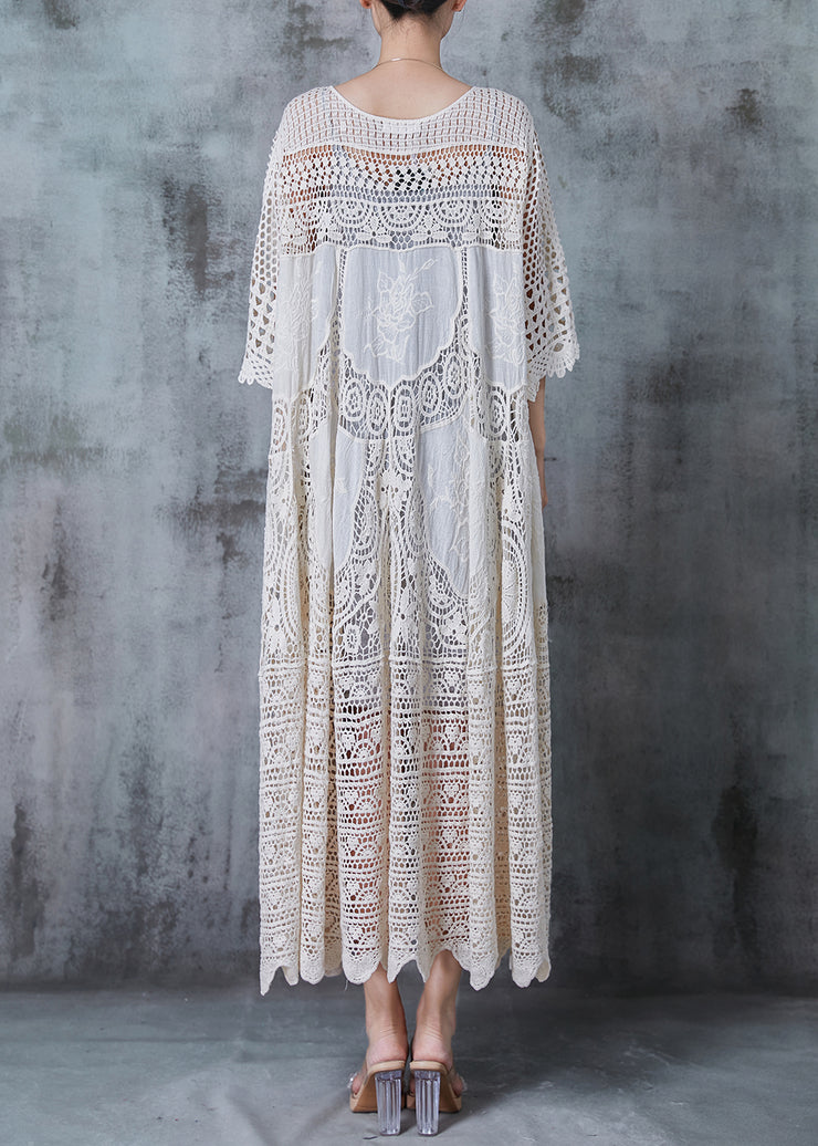 Handmade Beige Embroidered Hollow Out Knit Dress Summer