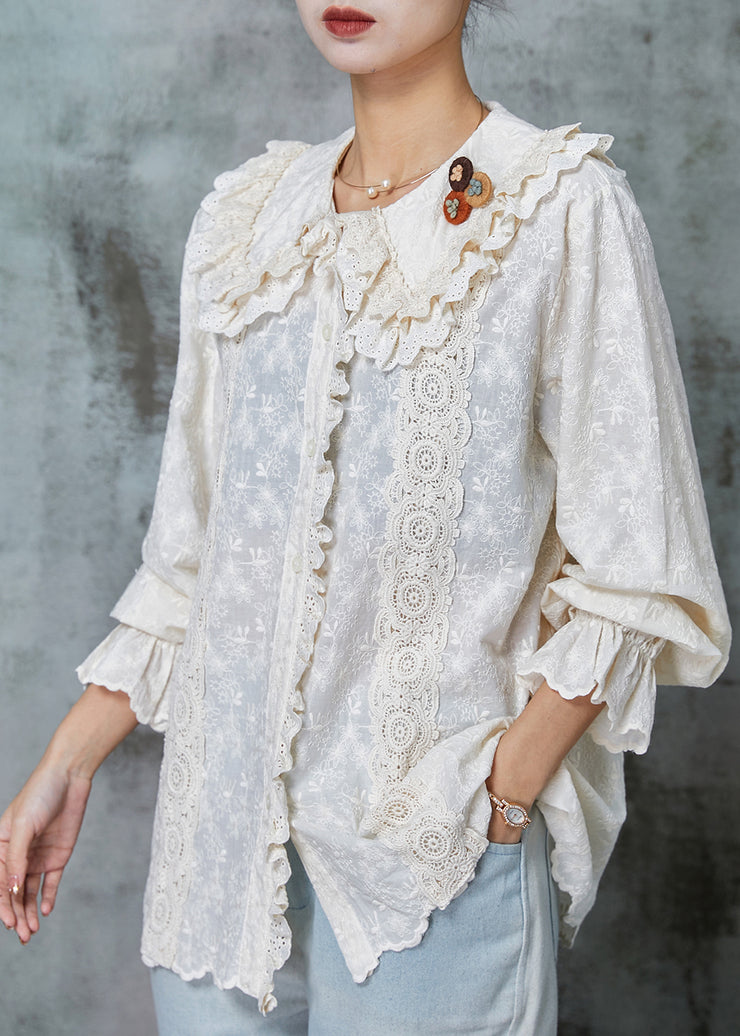 Handmade Beige Embroidered Patchwork Lace Cotton Shirt Spring