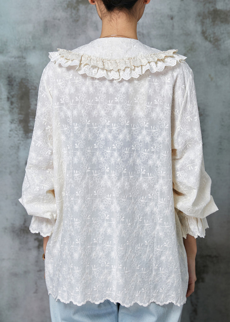 Handmade Beige Embroidered Patchwork Lace Cotton Shirt Spring