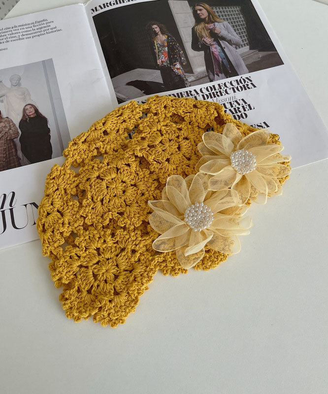 Handmade Beige Hollow Out Floral Knit Bonnie Hat