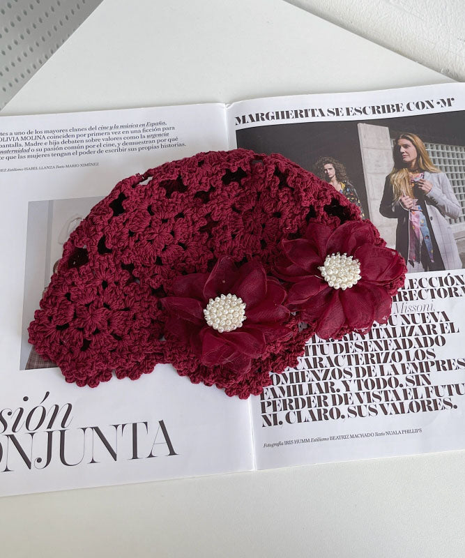 Handmade Beige Hollow Out Floral Knit Bonnie Hat