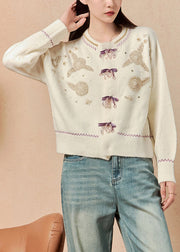 Handmade Beige Nail Bead Patchwork Knit Cardigan Winter