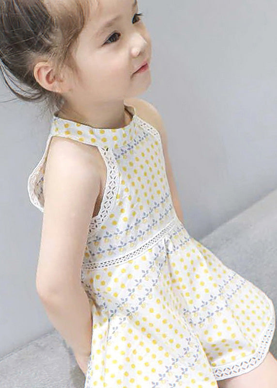 Handmade Beige O-Neck Print Patchwork Baby Mid Dress Sleeveless