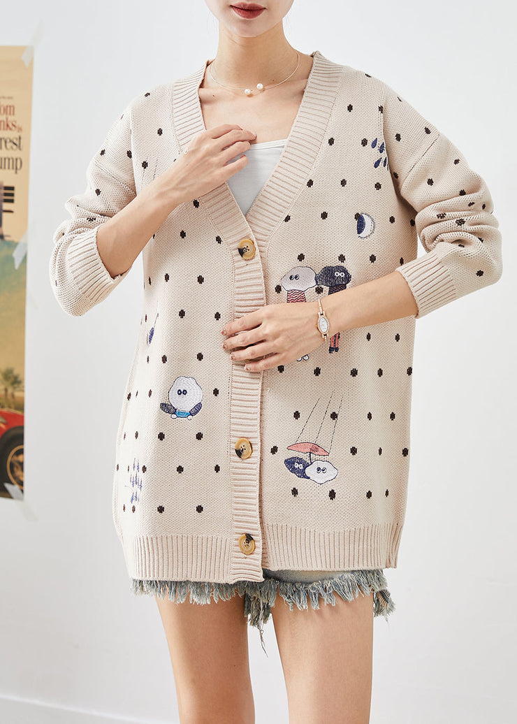 Handmade Beige Oversized Cartoon Print Knit Cardigan Fall