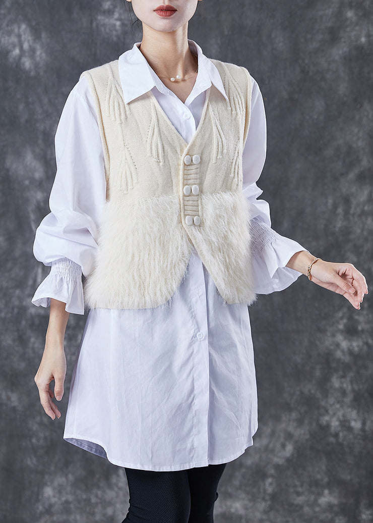 Handmade Beige Patchwork Fuzzy Fur Fluffy Knit Vests Spring