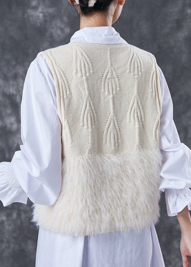 Handmade Beige Patchwork Fuzzy Fur Fluffy Knit Vests Spring