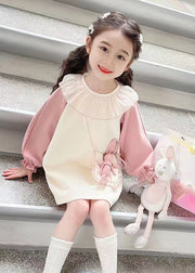 Handmade Beige Petal Collar Patchwork Girls Mid Dress Long Sleeve