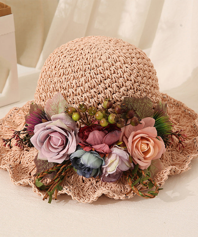 Handmade Beige Ruffled Straw Woven Floral Holiday Bucket Hat