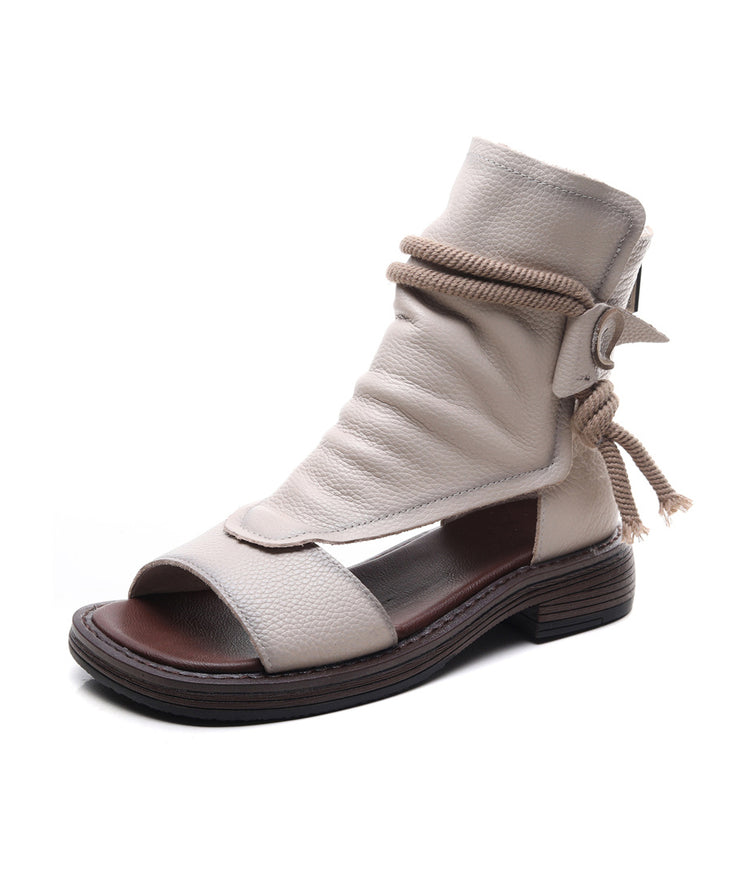 Handmade Beige Splicing Cowhide Leather Chunky Sandals Boots