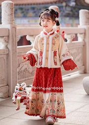 Handmade Beige Stand Collar Patchwork Warm Kids Coats And Maxi Skirts Two Pieces Set Winter