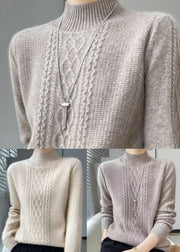 Handmade Beige Stand Collar Thick Cashmere Knitted Tops Fall