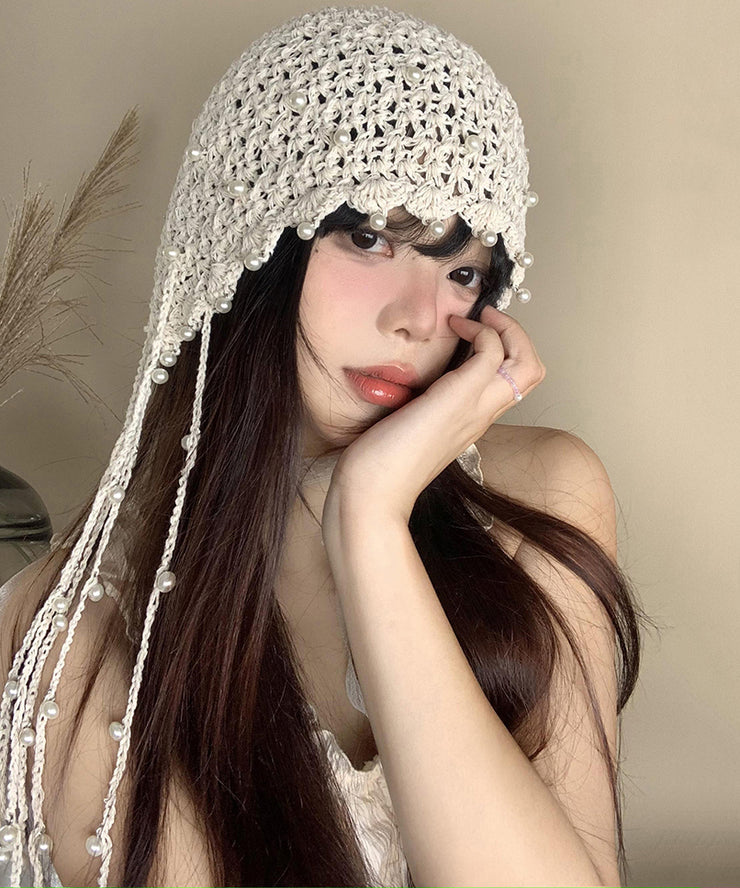 Handmade Beige Tassel Bead Hollow Out Knit Bonnie Hat