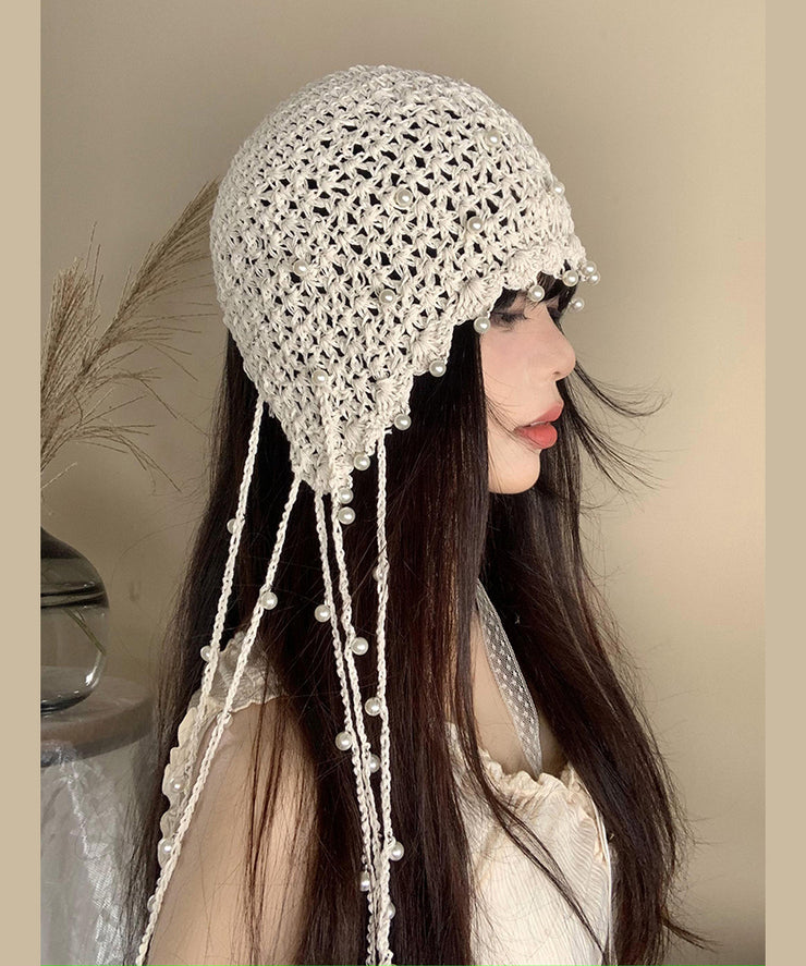 Handmade Beige Tassel Bead Hollow Out Knit Bonnie Hat