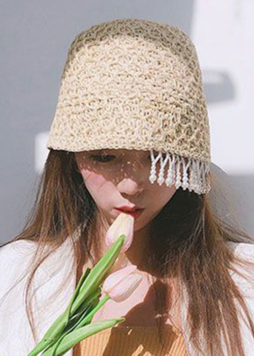 Handmade Beige Tasseled Straw Woven Bucket Hat