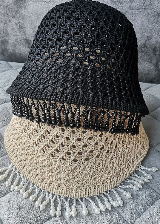 Handmade Beige Tasseled Straw Woven Bucket Hat