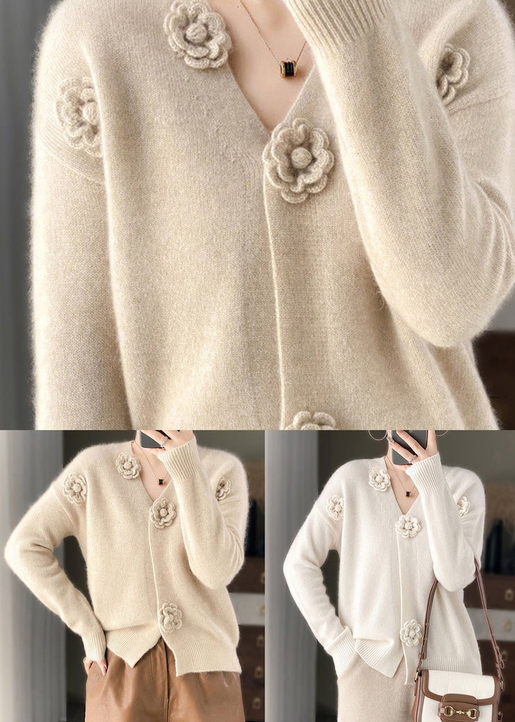 Handmade Beige V Neck Floral Crochet Cashmere Knit Cardigan Spring