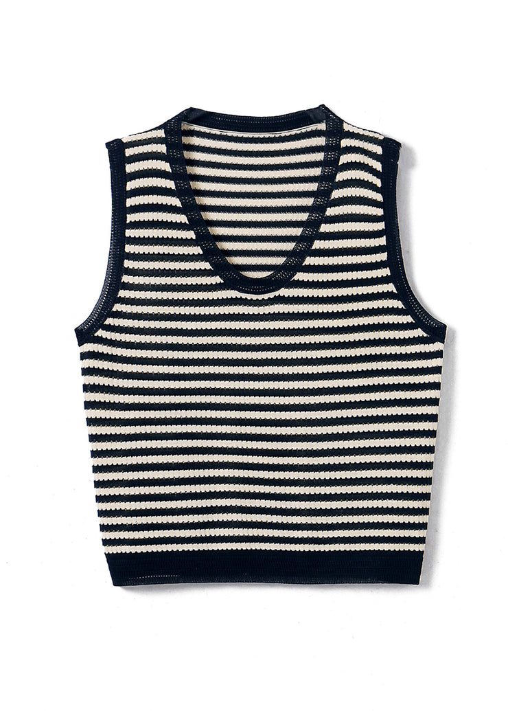 Handmade Beige V Neck Striped Knit Vest Summer