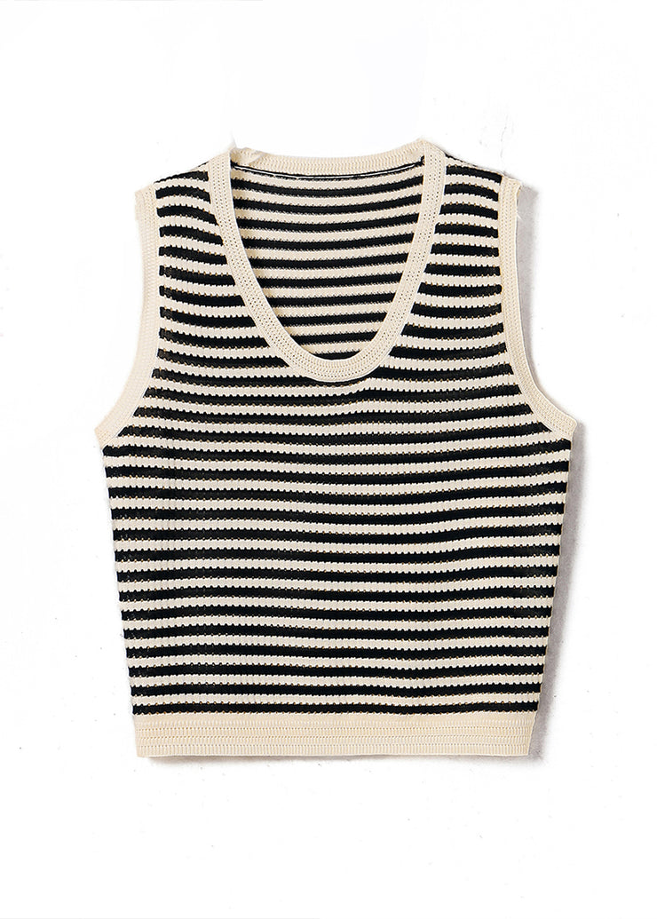 Handmade Beige V Neck Striped Knit Vest Summer