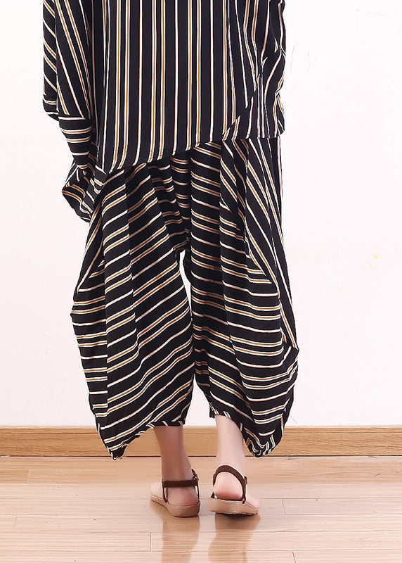 Handmade Black Asymmetrical Striped Chiffon Harem Pants Trousers Fall